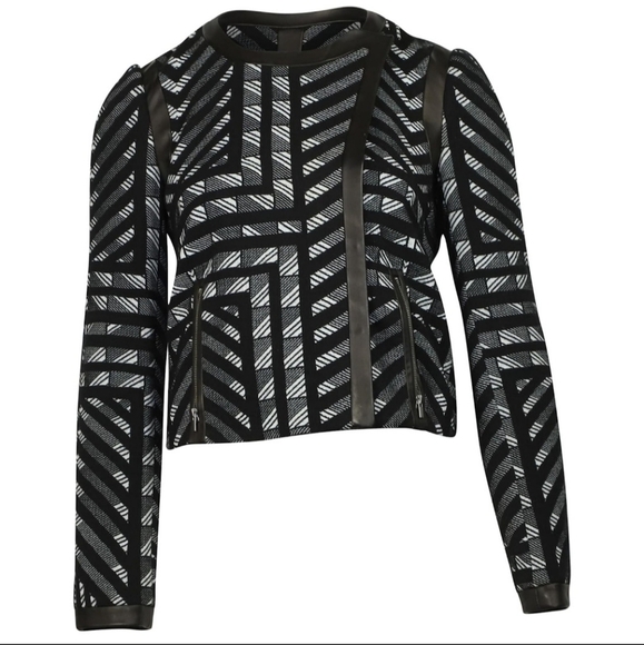 Diane Von Furstenberg Geometic Pattern Genuine Leather Trim Wool Jacket Nwot - Picture 1 of 13